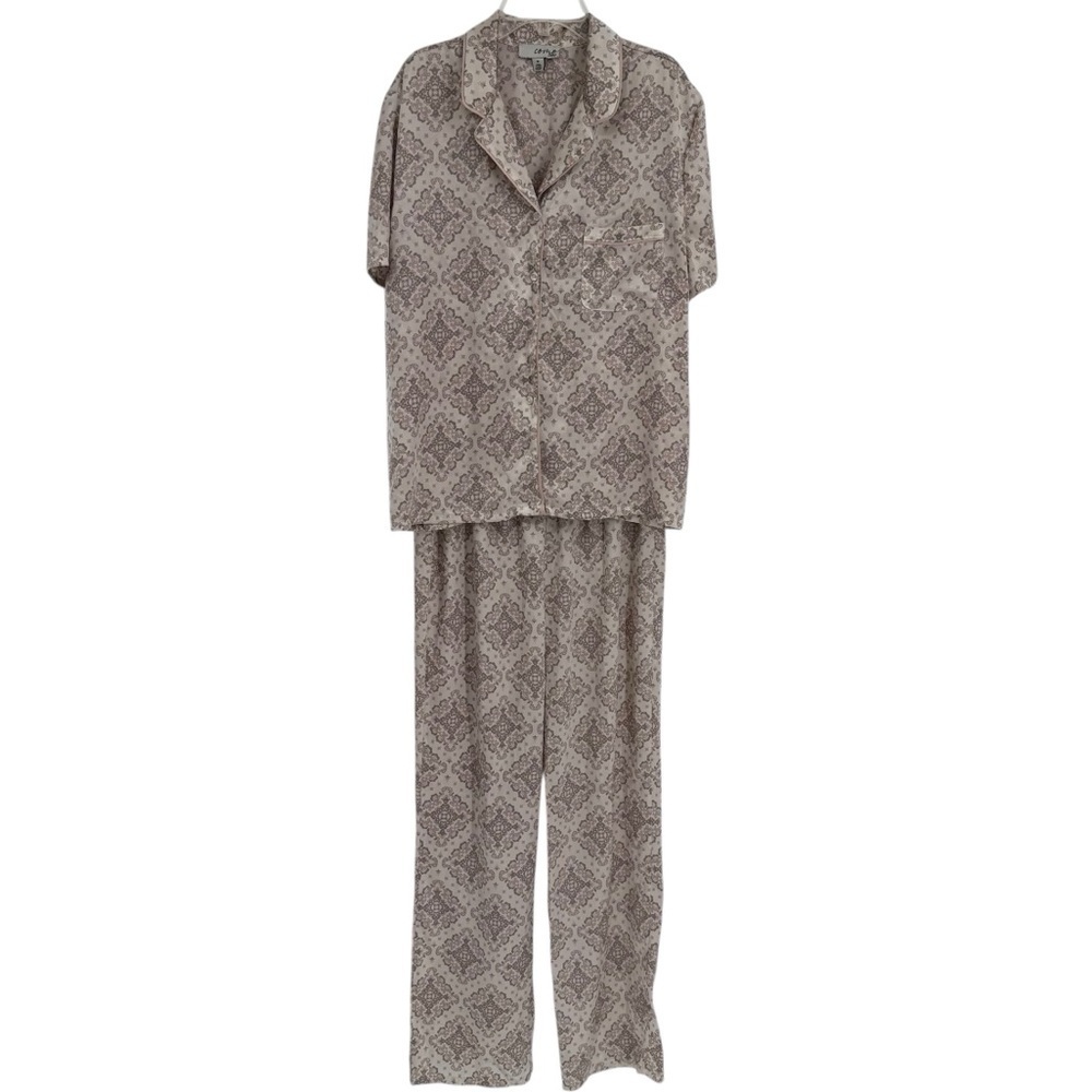 Como Sleep Satin Short Sleeve/Pants Tan Geometric Pajama Set Size Medium